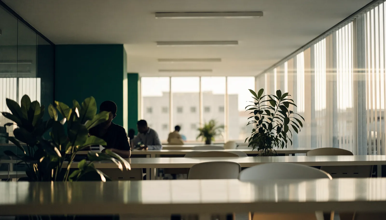 A calm open-plan office in Accra in afternoon light