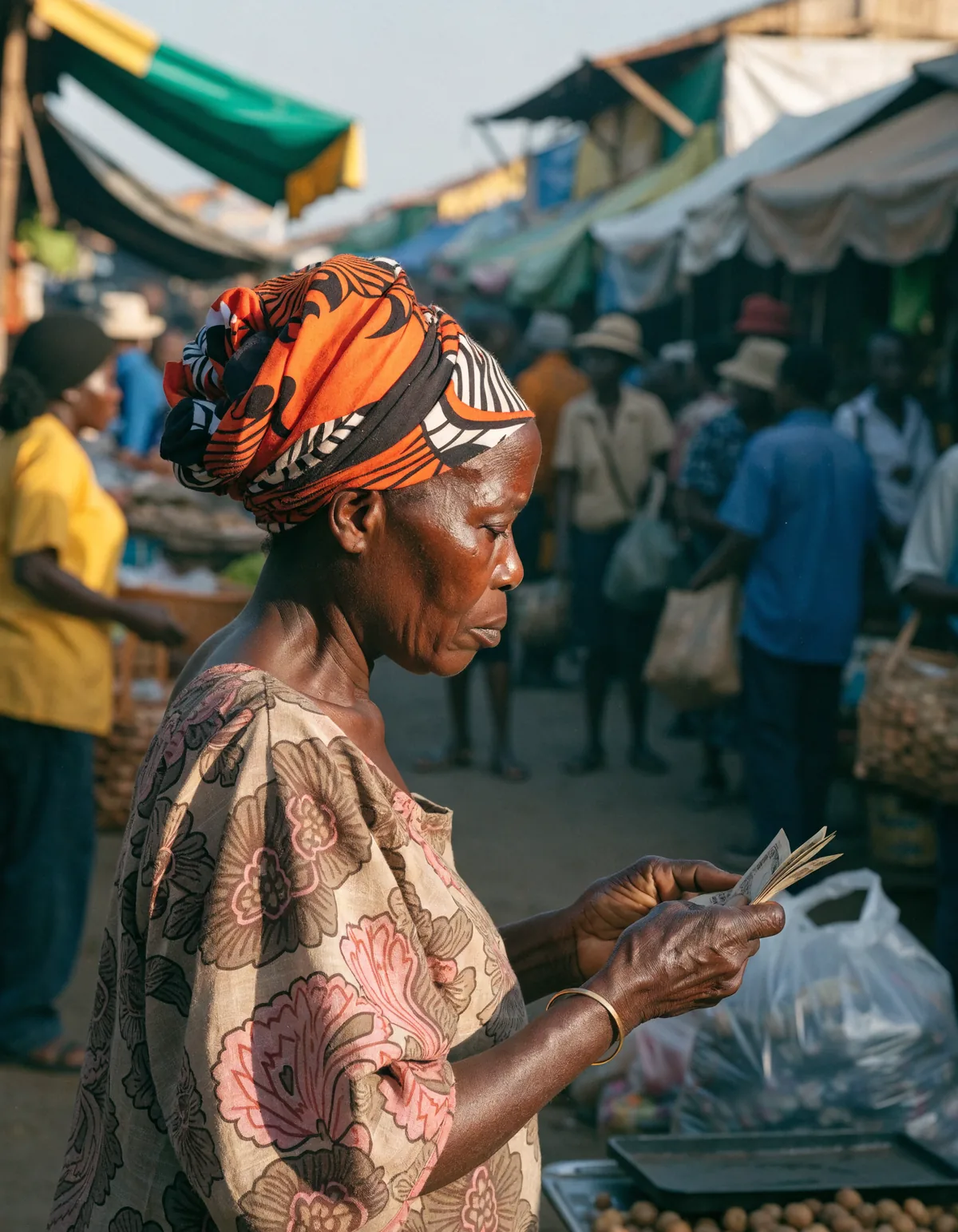 A market trader in Accra counting notes at her stall in morning light